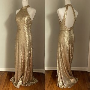 REVELRY Gold Sequin Tori Halter Dress